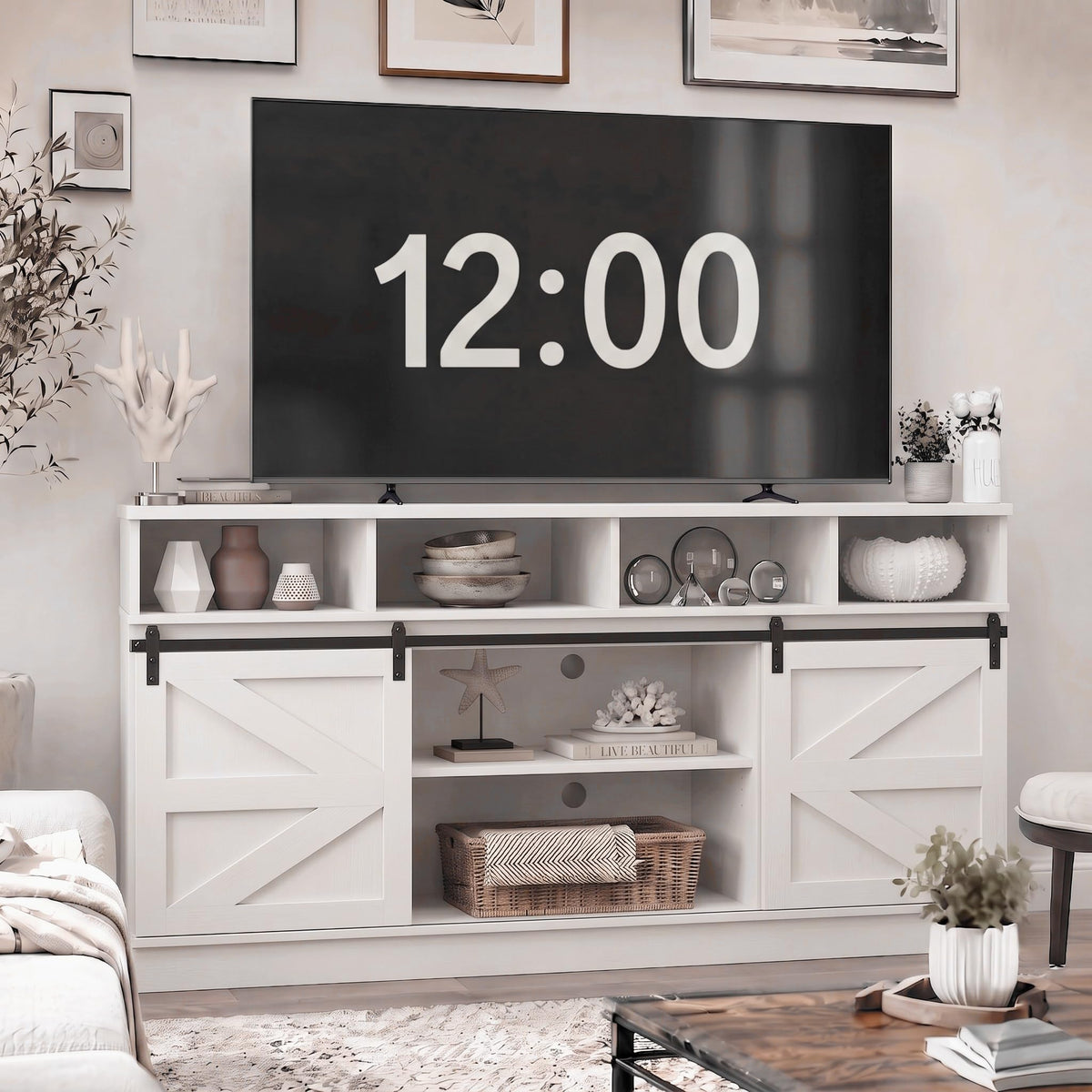 White 58" Farmhouse TV Stand with Sliding Barn Doors T6930