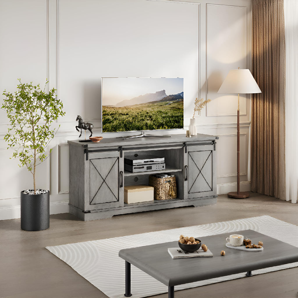 65" Rustic Farmhouse TV Stand with Sliding Barn Doors N70143