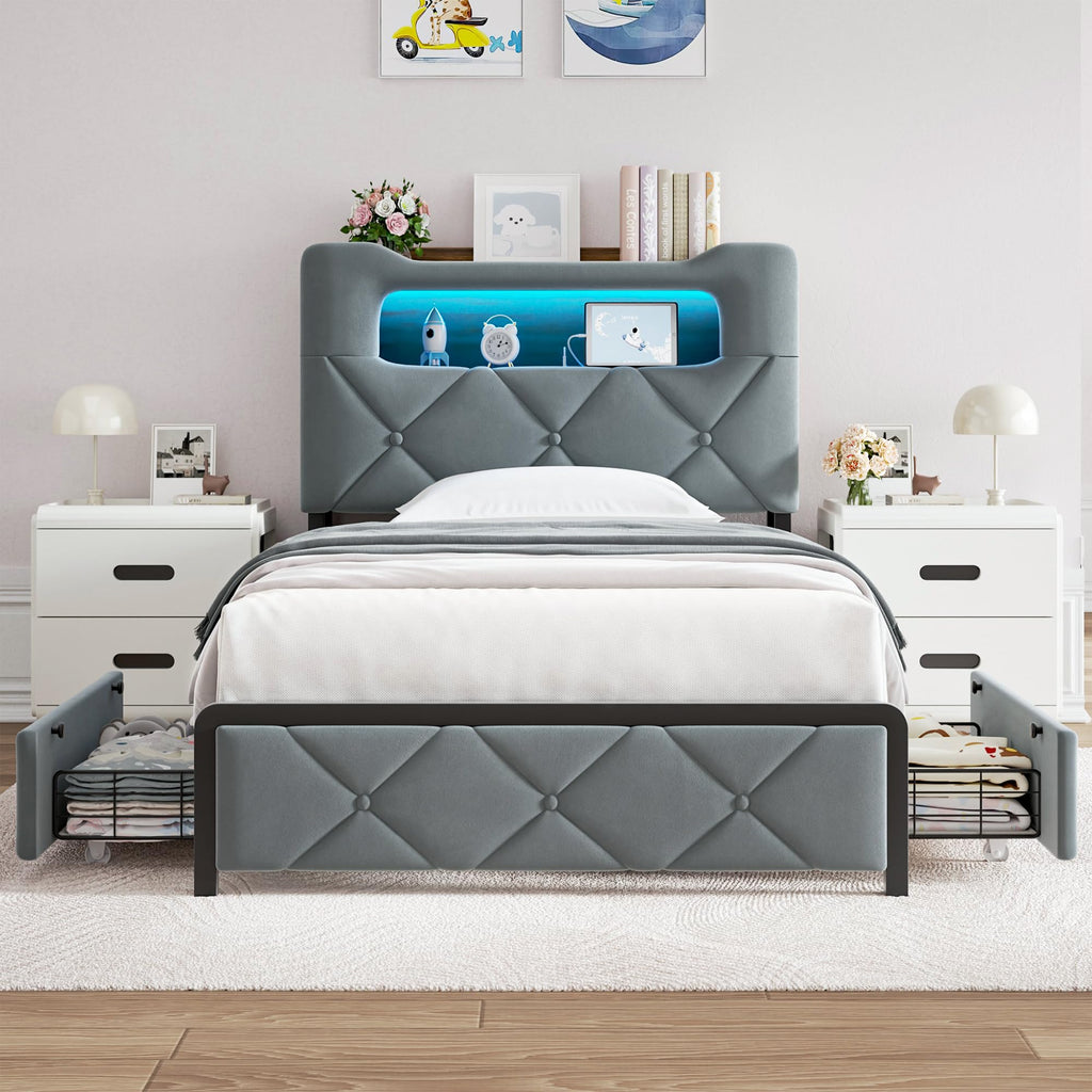 Twin Upholstered Velvet Platform Bed Frame with 2 Storage Drawers O127