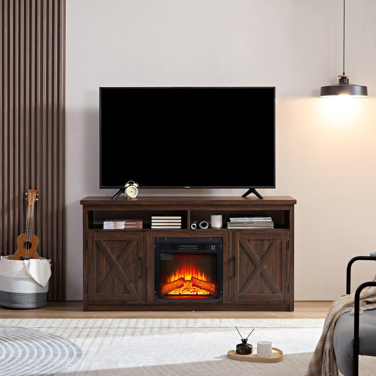 Farmhouse TV Media Stand with 18" Fireplace Insert and Cabinets, Espresso W524308