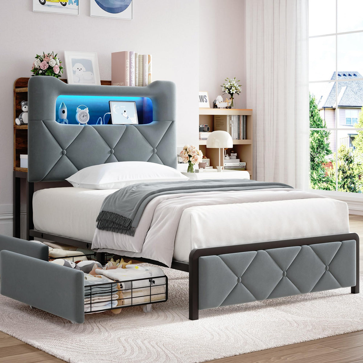 Twin Upholstered Velvet Platform Bed Frame with 2 Storage Drawers O127
