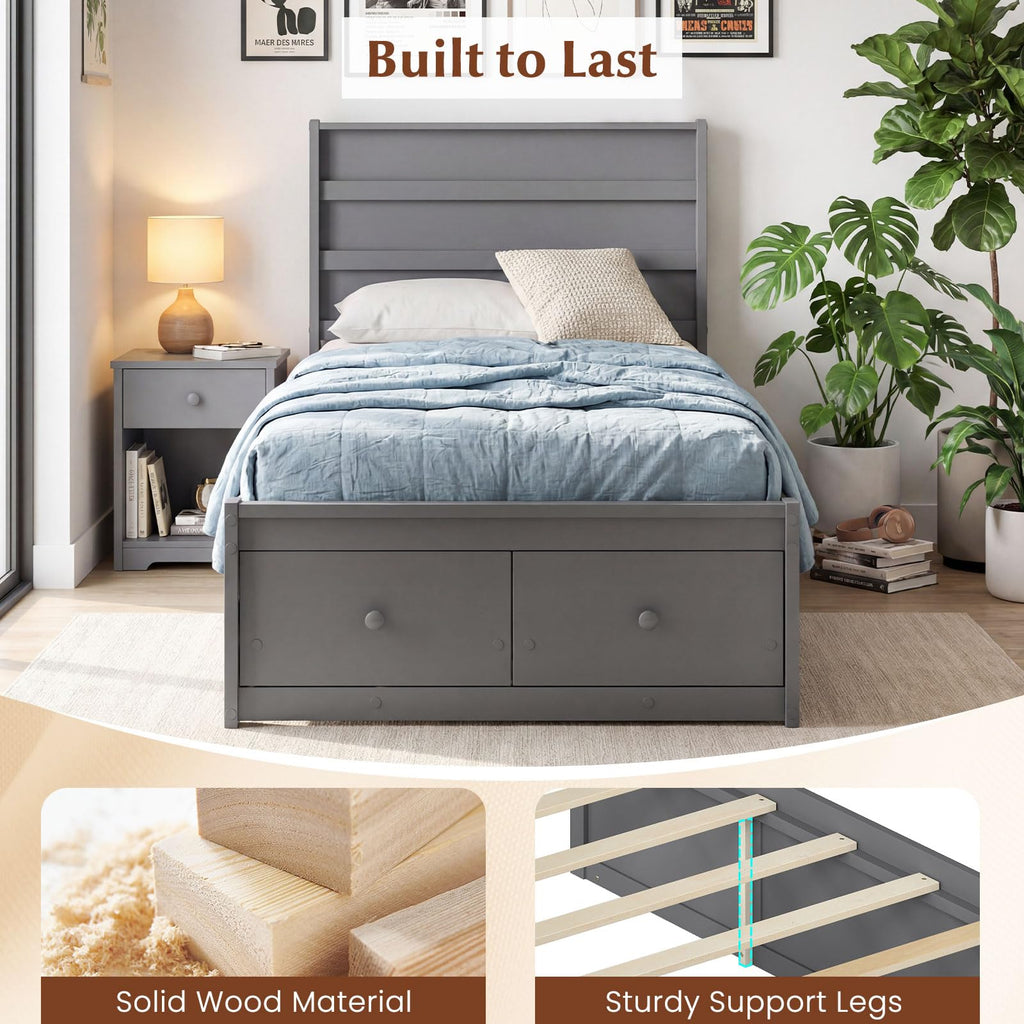 Grey Twin Wood Platform Bed with Storage Drawers E1858
