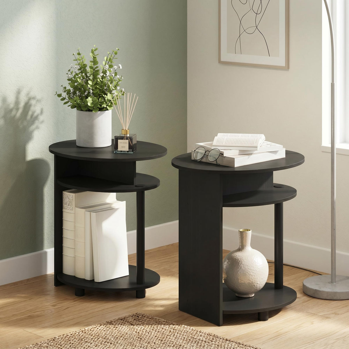 Set of 2 Round End Table with Oval Tabletop and Open Shelf, Walnut L711
