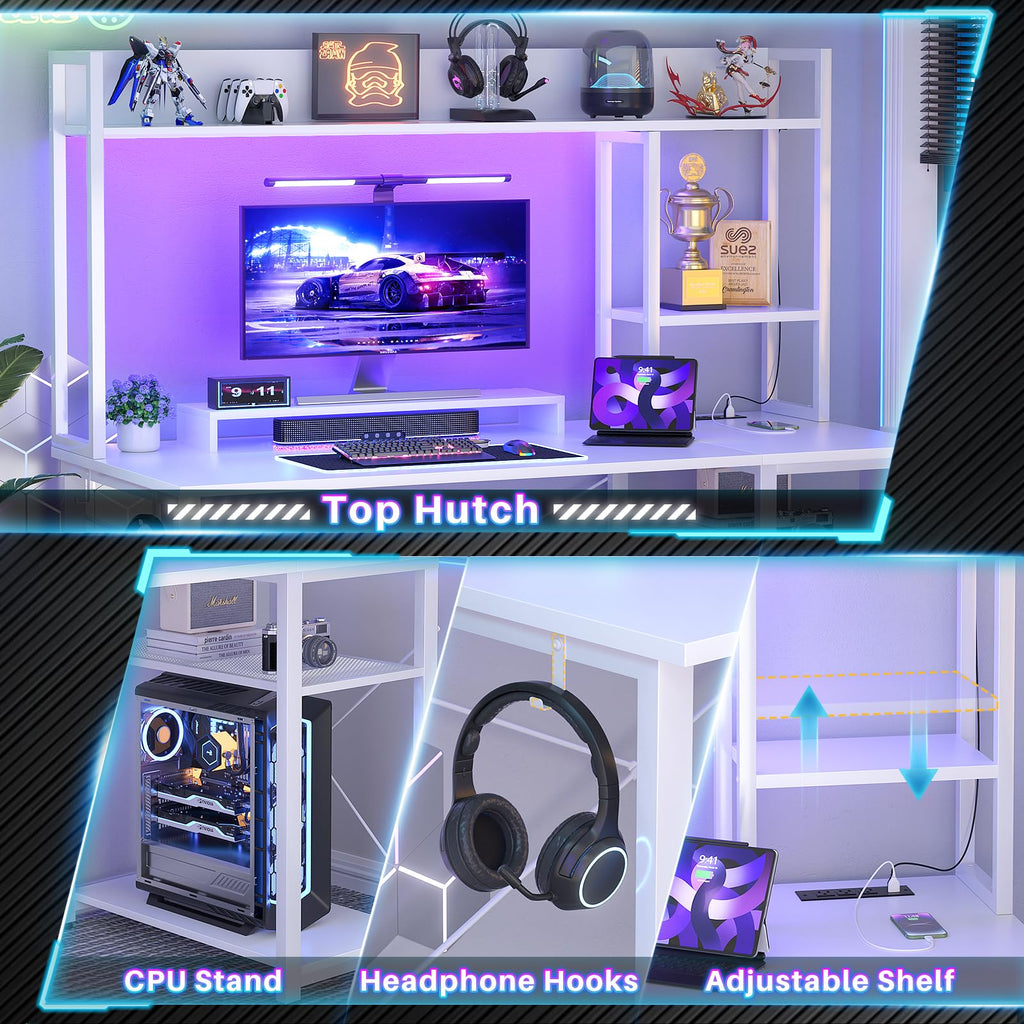 47'' White Gaming Desk with Hutch and Storage Shelves S576