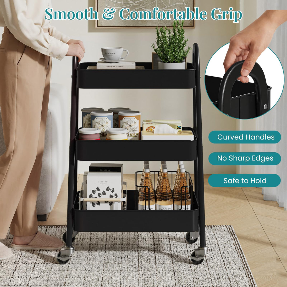 3-Tier Metal Rolling Utility Cart with Lockable Wheels S583