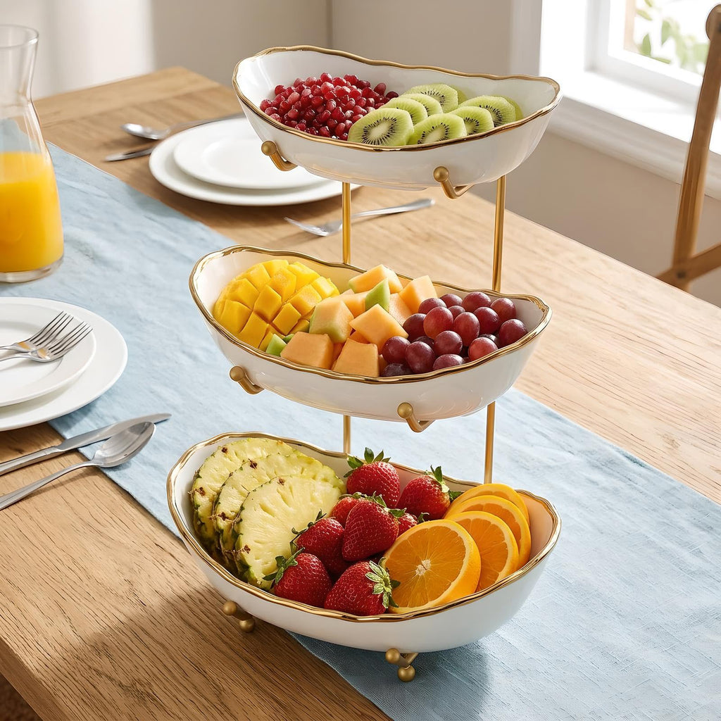 White Ceramic 3 Tier Fruit Bowl with Metal Stand R512
