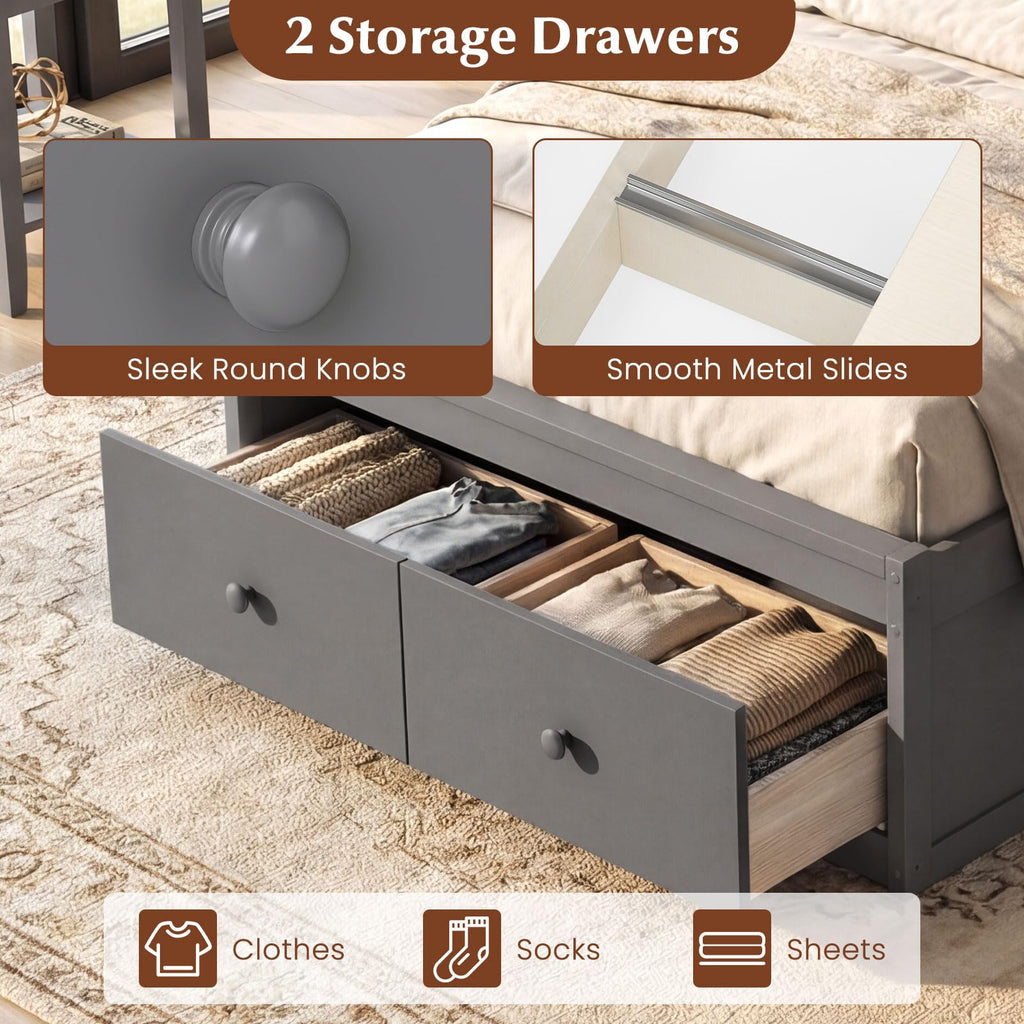 Grey Twin Wood Platform Bed with Storage Drawers E1858