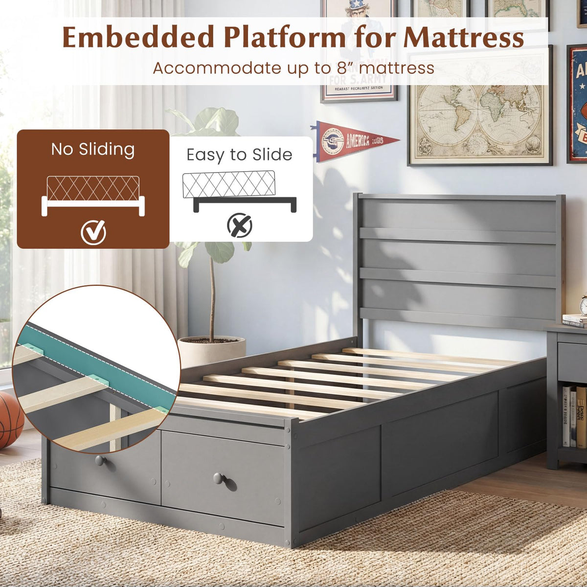 Grey Twin Wood Platform Bed with Storage Drawers E1858