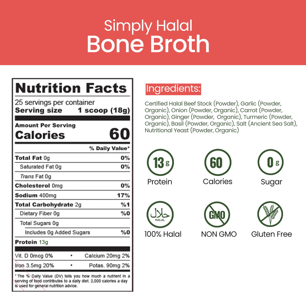 Halal Bone Broth Protein Powder, Grass-Fed Hydrolyzed Collagen, 25 Servings 16 Oz J636