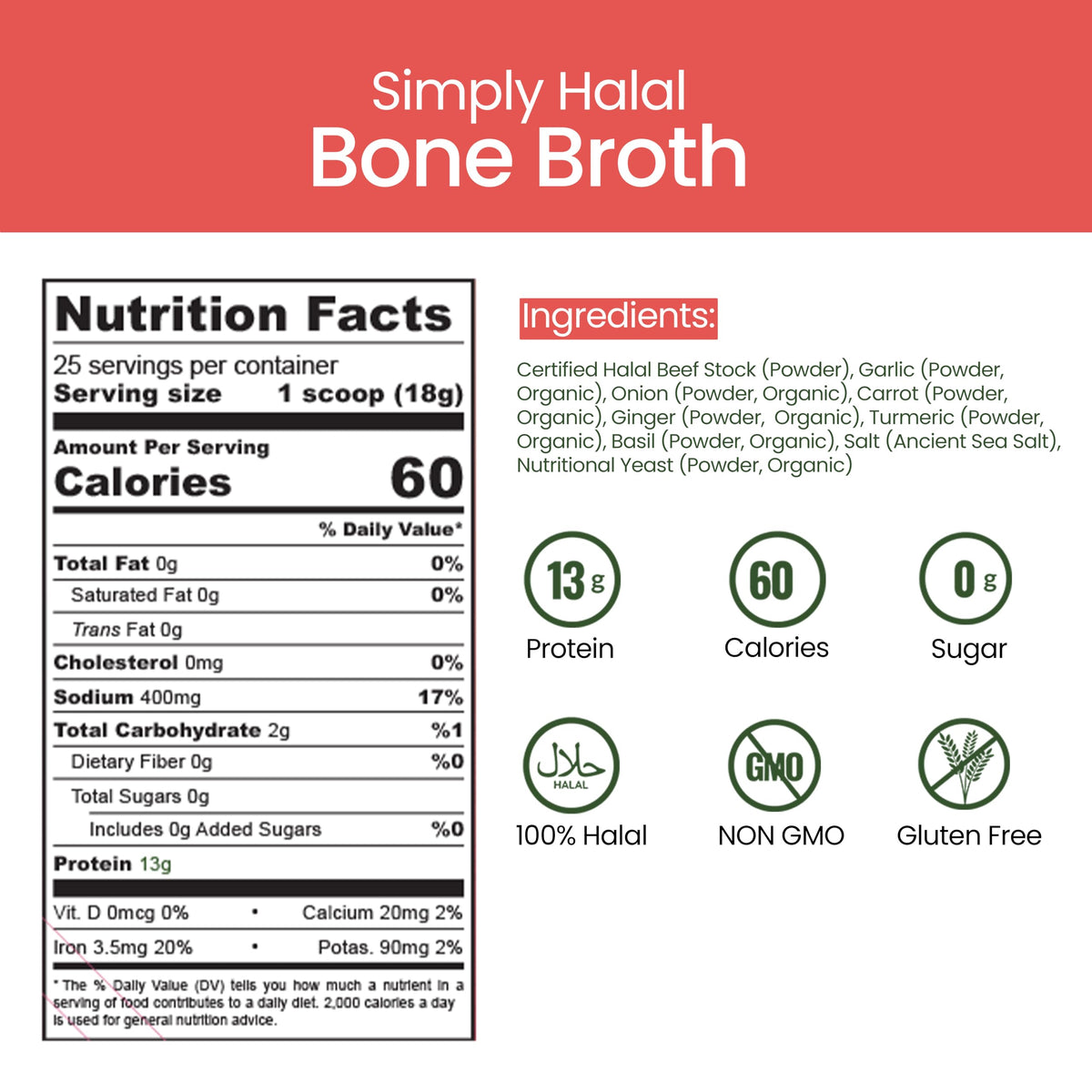 Halal Bone Broth Protein Powder, Grass-Fed Hydrolyzed Collagen, 25 Servings 16 Oz J636
