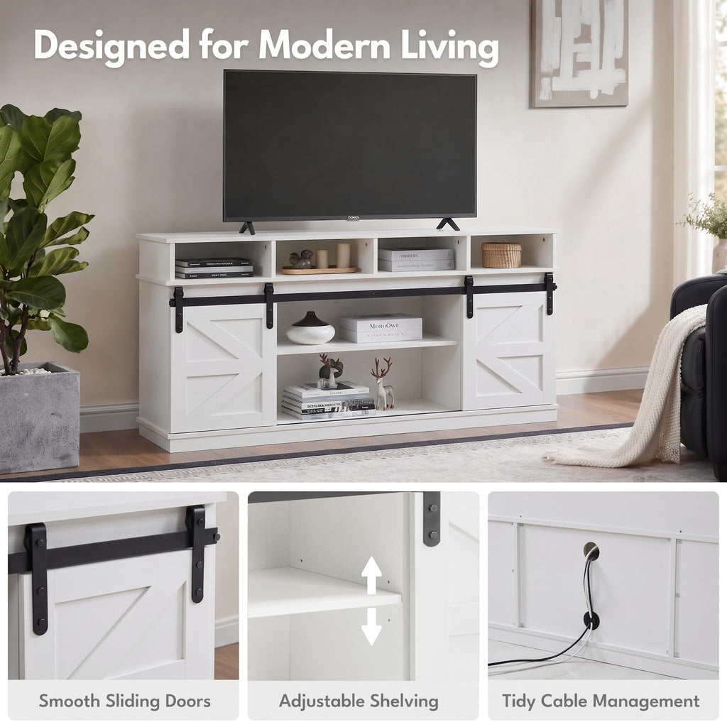 White 58" Farmhouse TV Stand with Sliding Barn Doors T6930