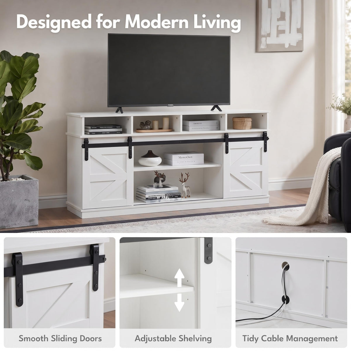 White 58" Farmhouse TV Stand with Sliding Barn Doors T6930