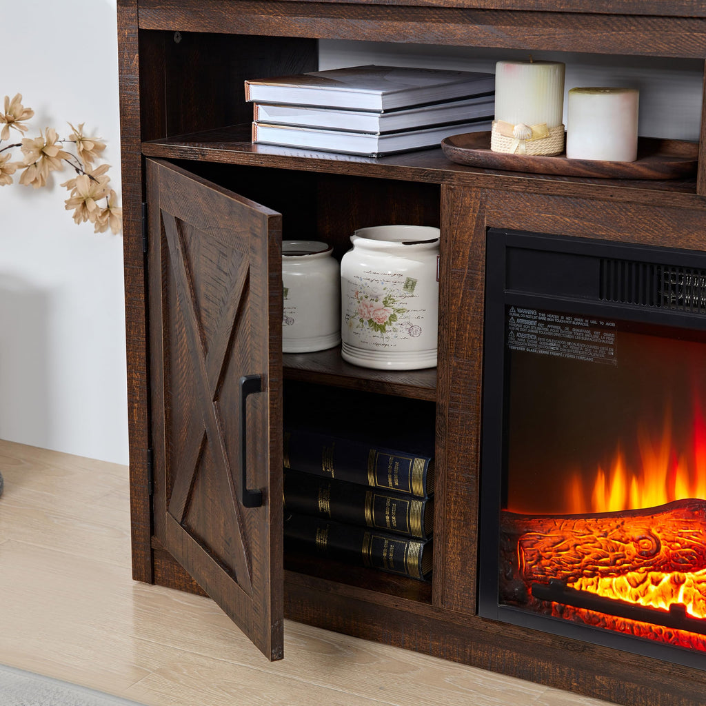 Farmhouse TV Media Stand with 18" Fireplace Insert and Cabinets, Espresso W524308
