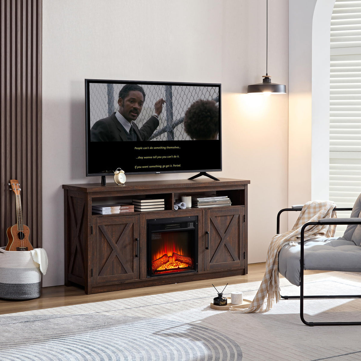 Farmhouse TV Media Stand with 18" Fireplace Insert and Cabinets, Espresso W524308
