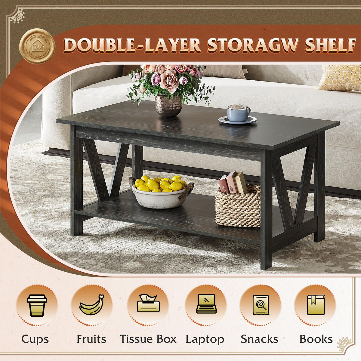 39.4" Wood Storage Coffee Table O7918