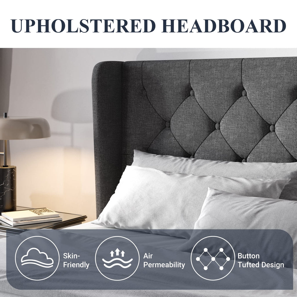 Queen Bed Frame with Button Tufted Wingback Headboard S9664