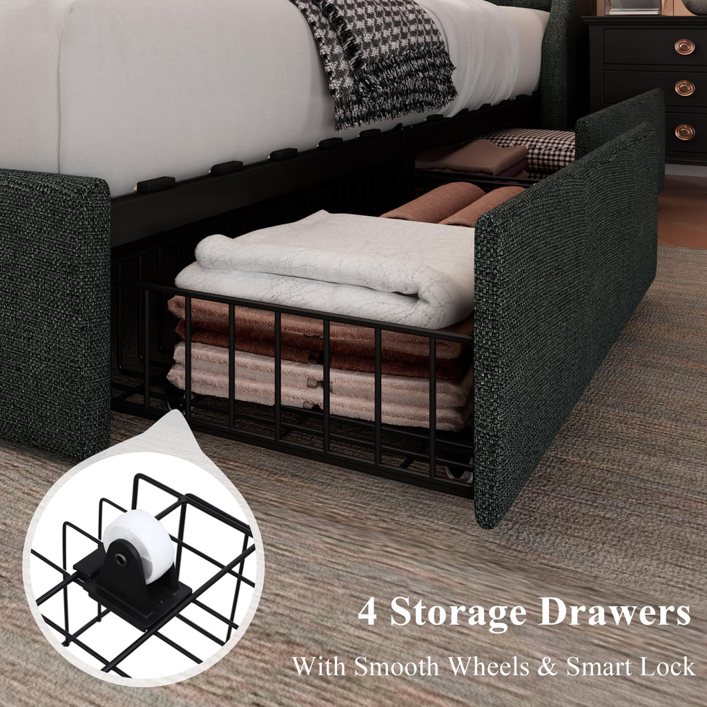 Queen Bed Frame with 4 Storage Drawers Upholstered Dark Grey V2222