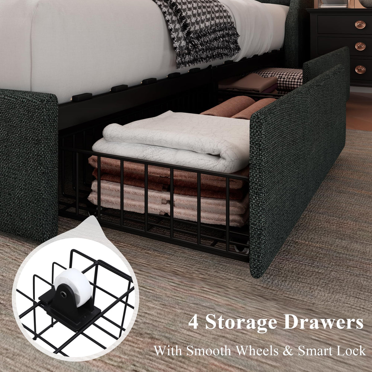 Queen Bed Frame with 4 Storage Drawers Upholstered Dark Grey V2222