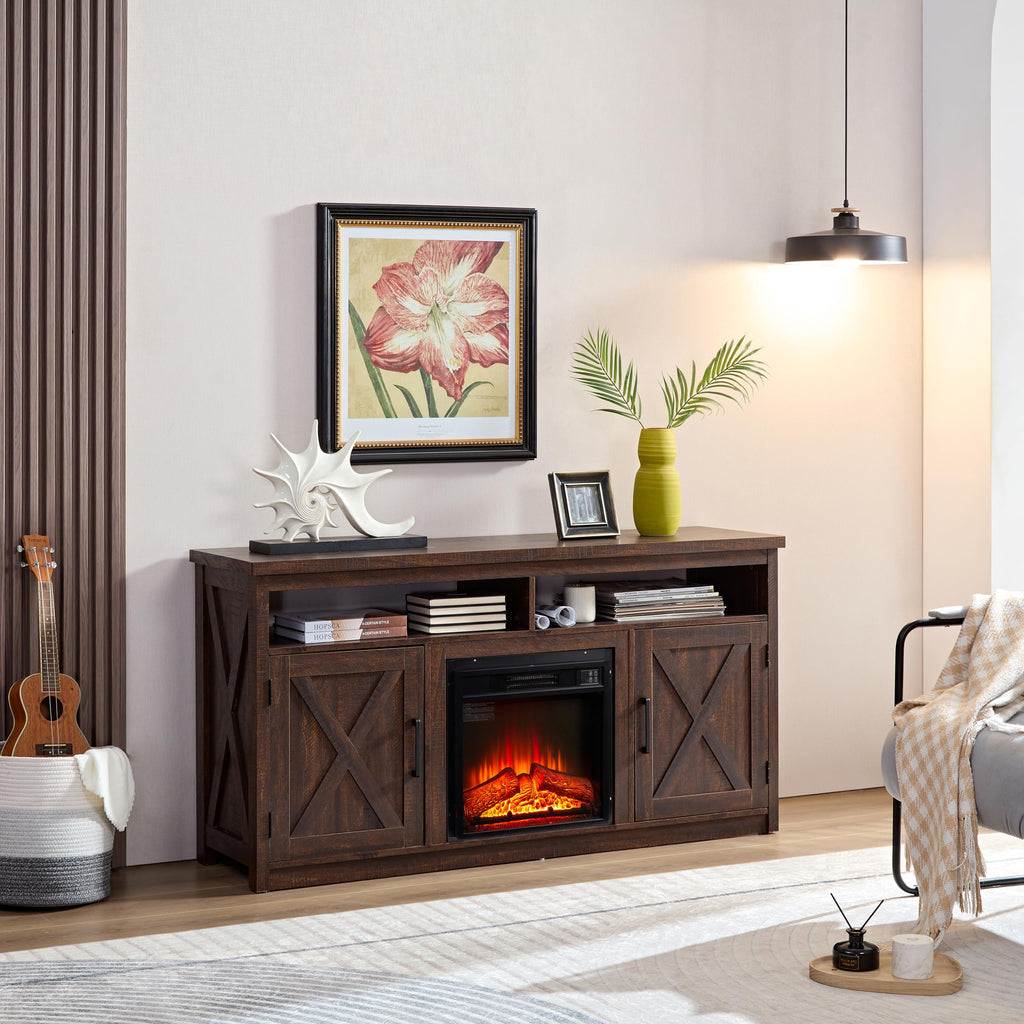 Farmhouse TV Media Stand with 18" Fireplace Insert and Cabinets, Espresso W524308