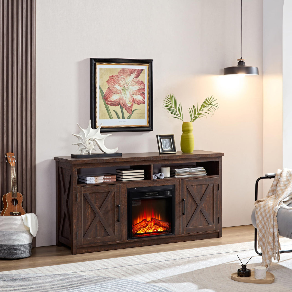 Farmhouse TV Media Stand with 18" Fireplace Insert and Cabinets, Espresso W524308