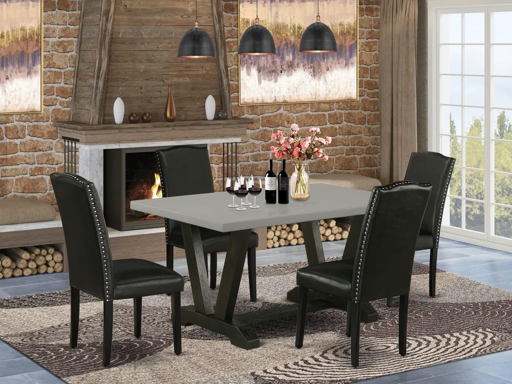 5 Piece Dinette Set with Rectangle Dining Table and 4 Black Faux Leather Chairs F934583