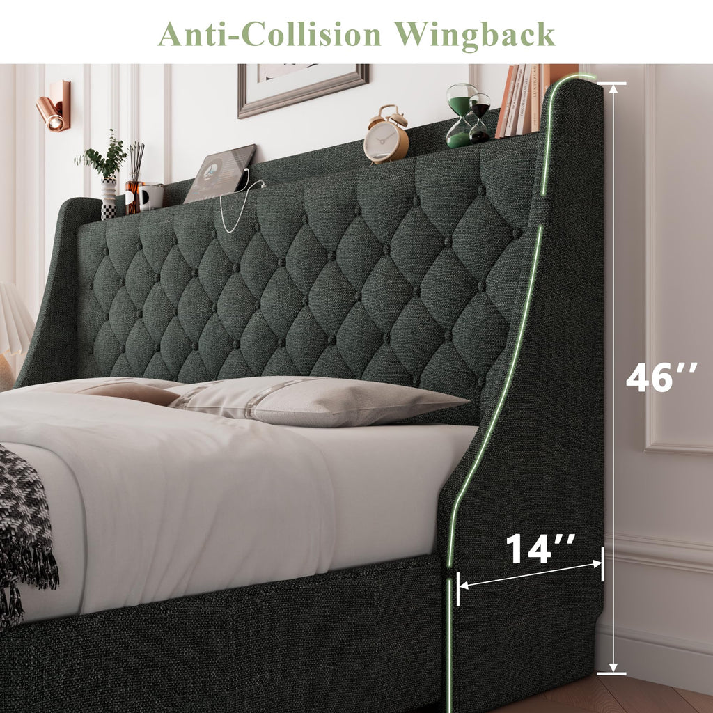 Queen Bed Frame with 4 Storage Drawers Upholstered Dark Grey V2222