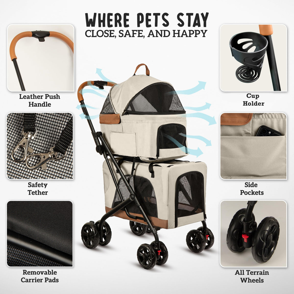 Double Pet Stroller with Detachable Carriers N8333