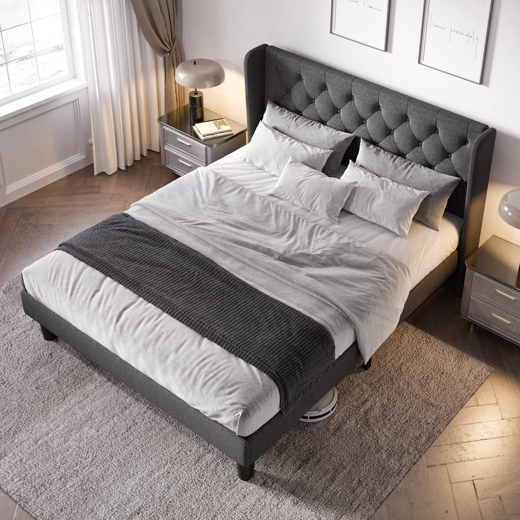 Queen Bed Frame with Button Tufted Wingback Headboard S9664