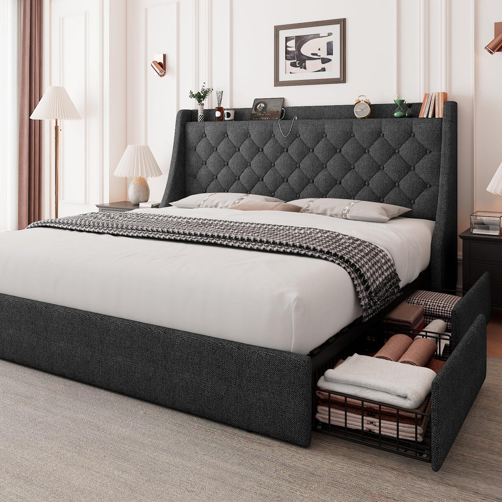 Queen Bed Frame with 4 Storage Drawers Upholstered Dark Grey V2222