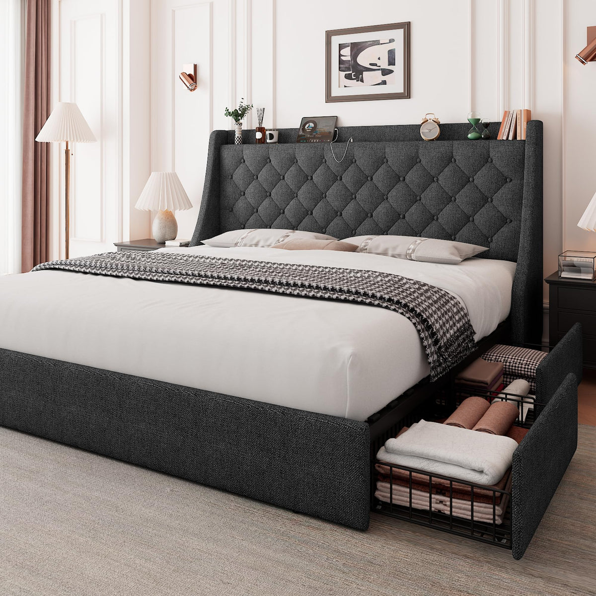 Queen Bed Frame with 4 Storage Drawers Upholstered Dark Grey V2222