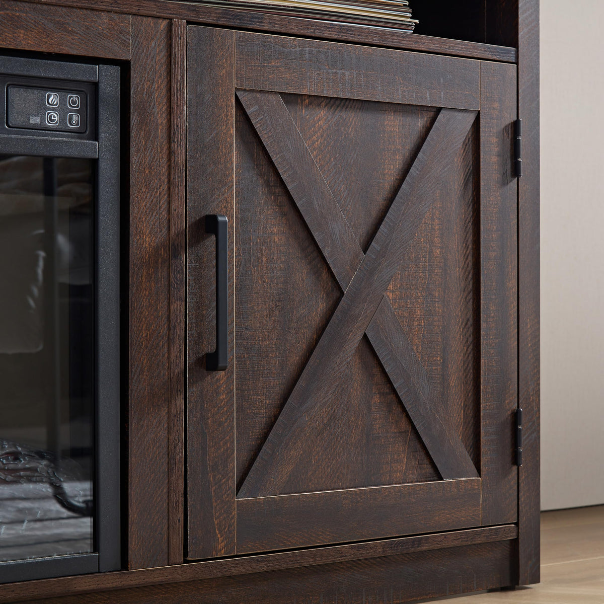 Farmhouse TV Media Stand with 18" Fireplace Insert and Cabinets, Espresso W524308